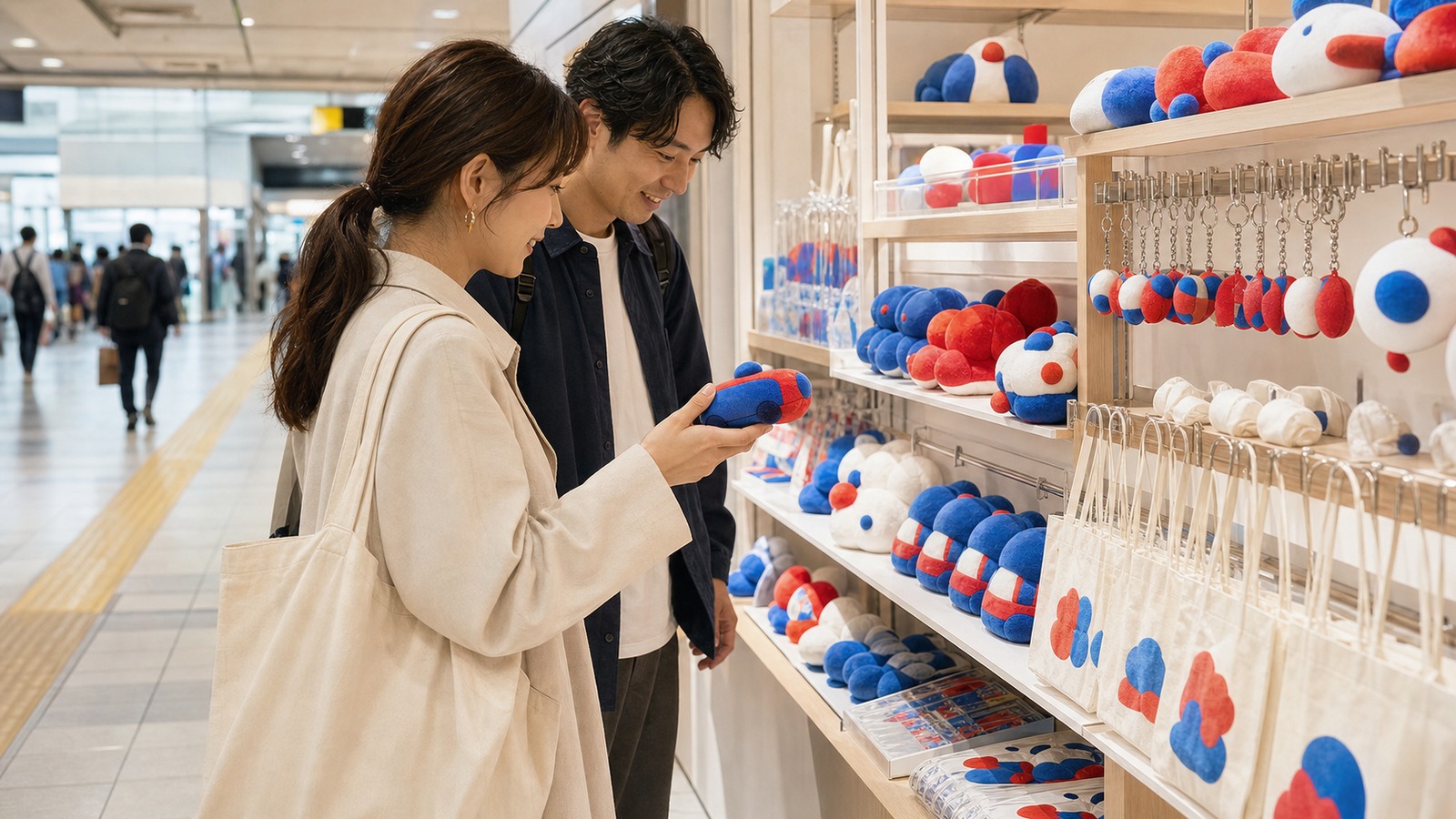 新大阪駅の売り場で旅行者が限定グッズを探しているイメージ