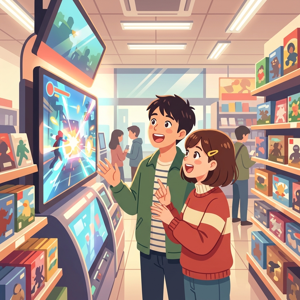最新のゲーム機を求めて家電量販店のゲームコーナーを訪れている楽しそうな様子のイラスト