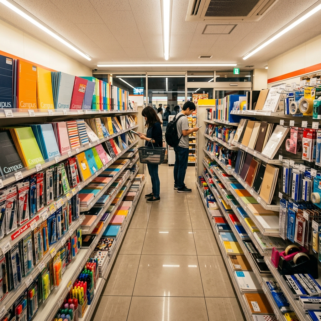 コンビニの文具コーナーで履歴書を探して手に取っているイラスト