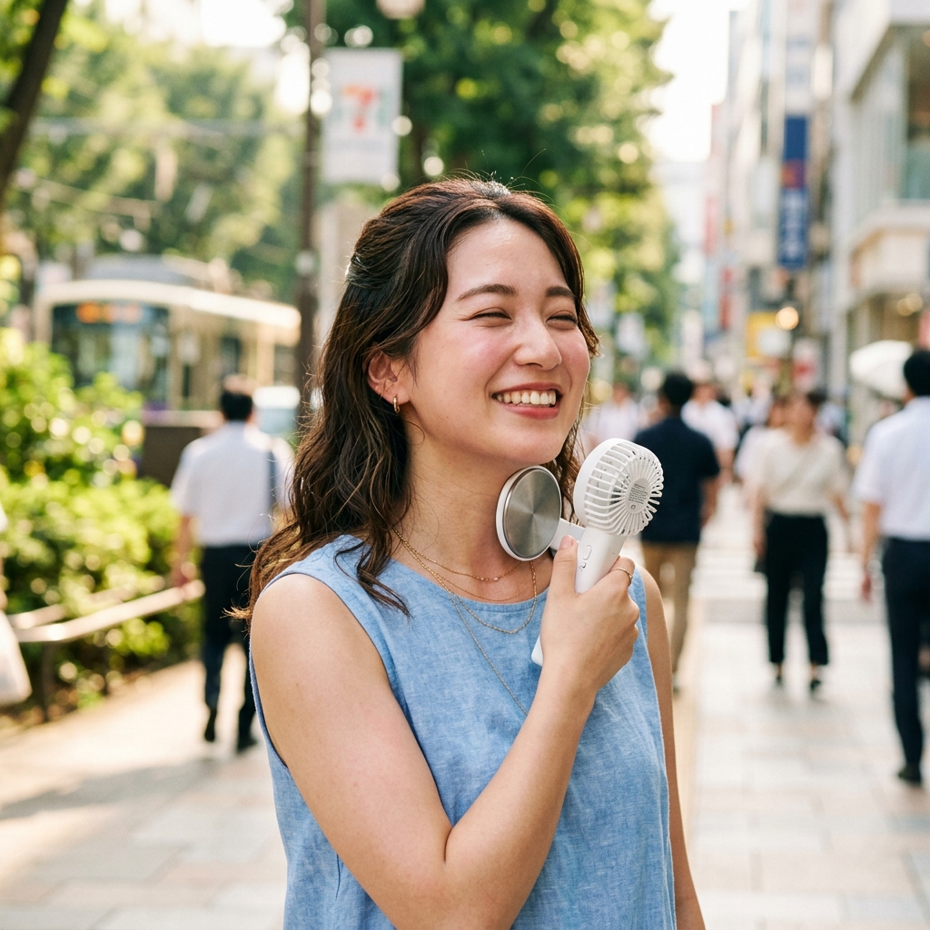 冷却プレートを首元に当てて気持ちよさそうに涼んでいる女性のイラスト