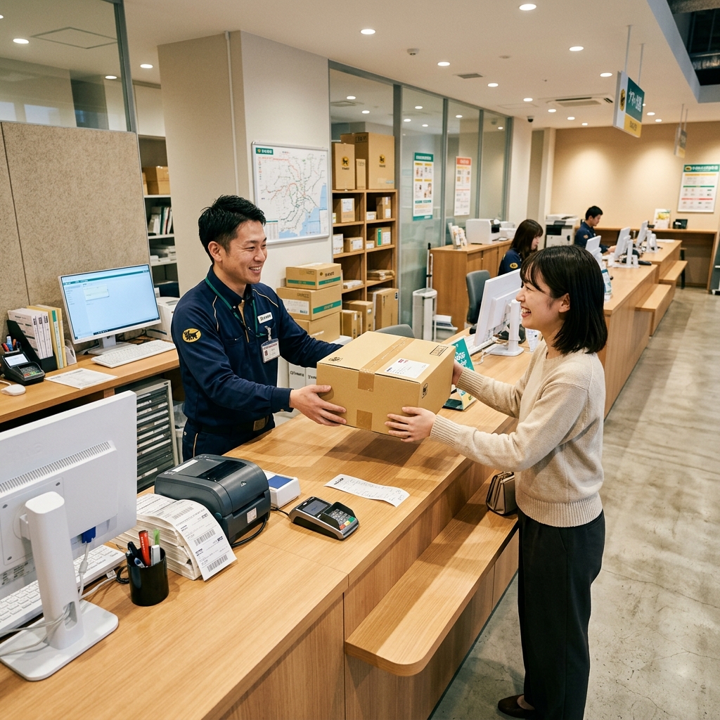 ヤマト運輸の営業所のカウンターで頑丈なクロネコボックスを受け取っている様子