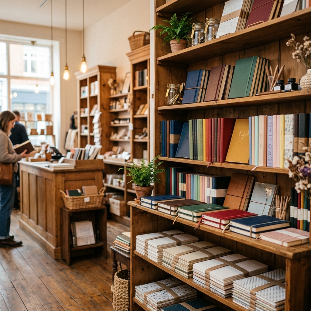 文房具店で様々なサイズや種類の履歴書が並んでいる棚のイラスト