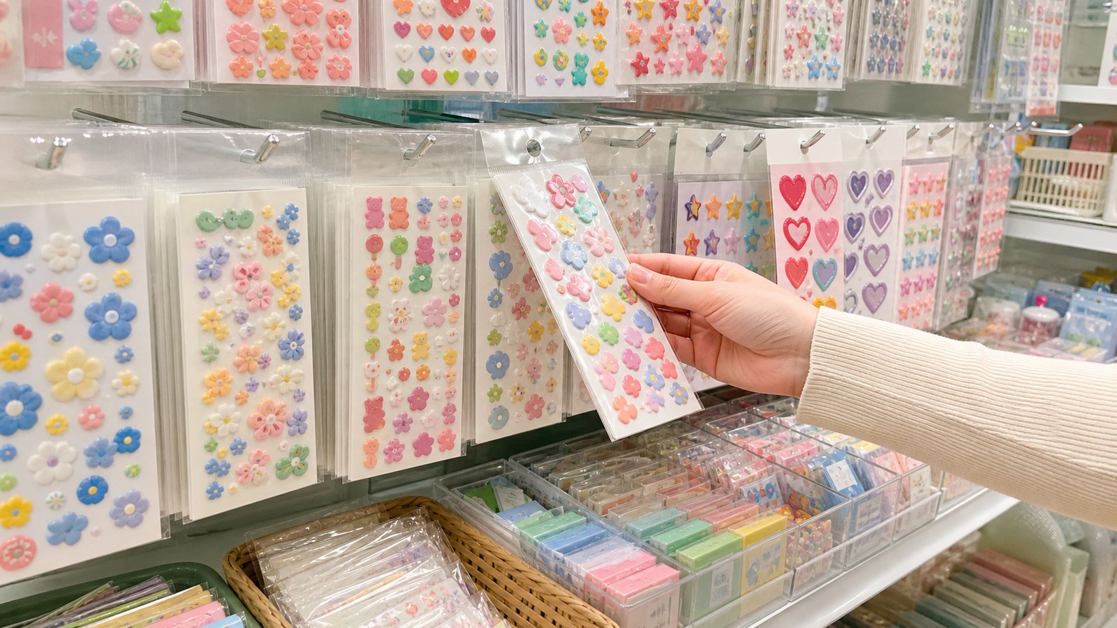 文具店のシール売り場で、色とりどりのぷっくりシールを探している様子