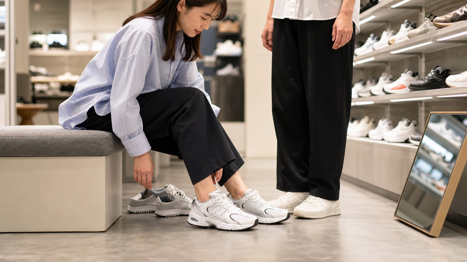 スニーカーショップで日本人の買い物客がニューバランス530風の白系スニーカーを試着し、足元のフィット感を確認している横長写真風画像。文字なし