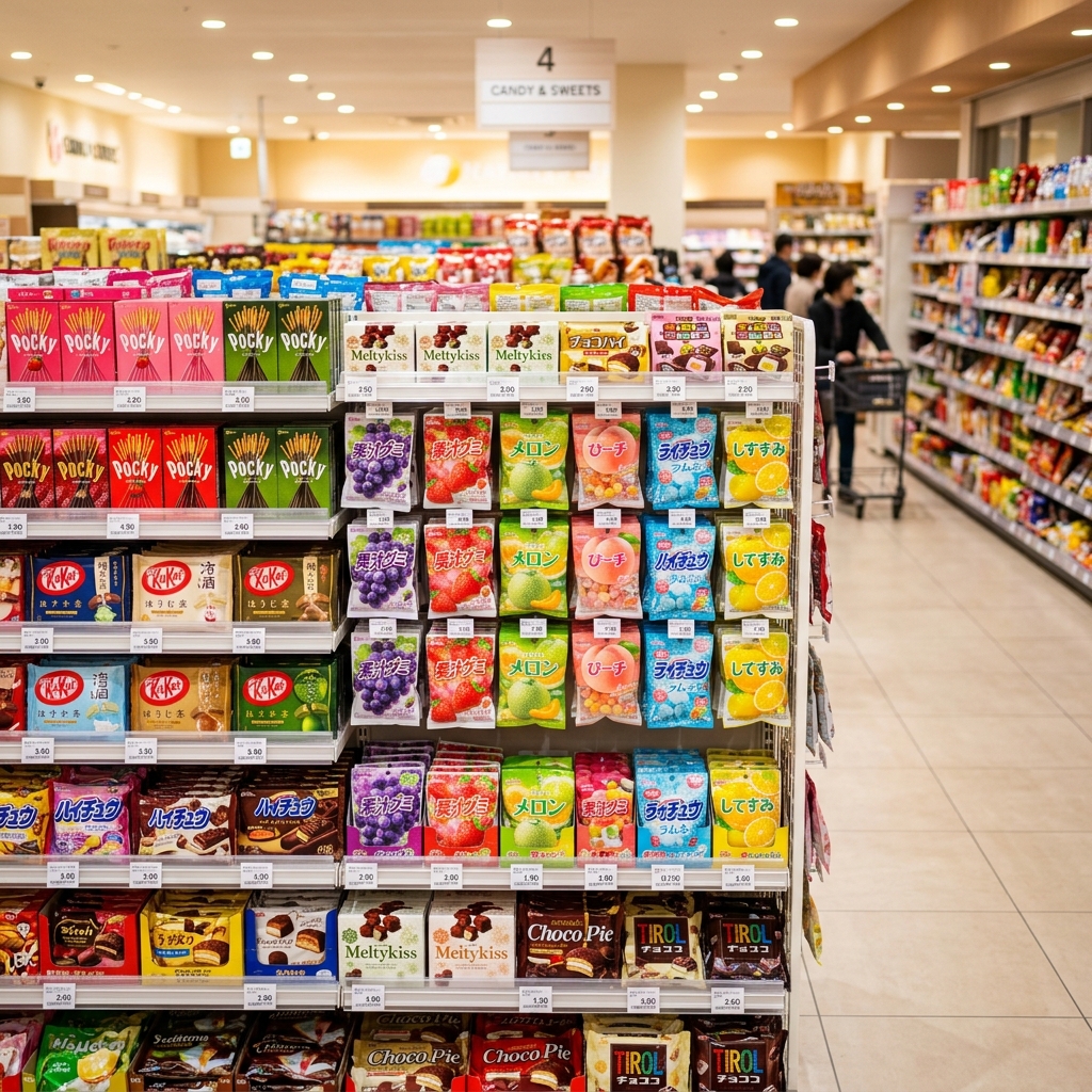 スーパーのお菓子コーナーに並ぶじゅるる飴のイメージ
