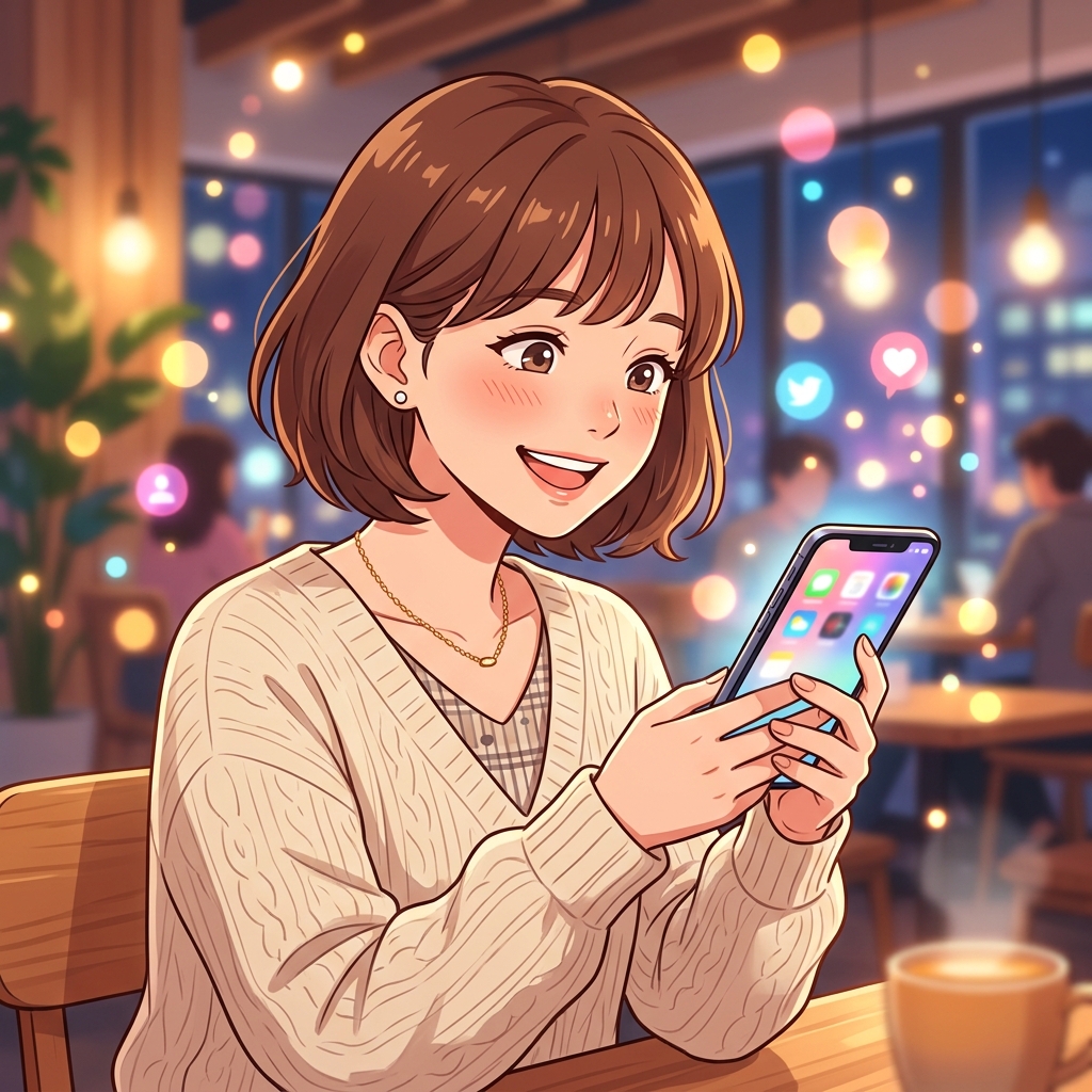 スマートフォンの画面に映るオンラインショップの在庫復活通知を見て喜んでいる様子のイラスト