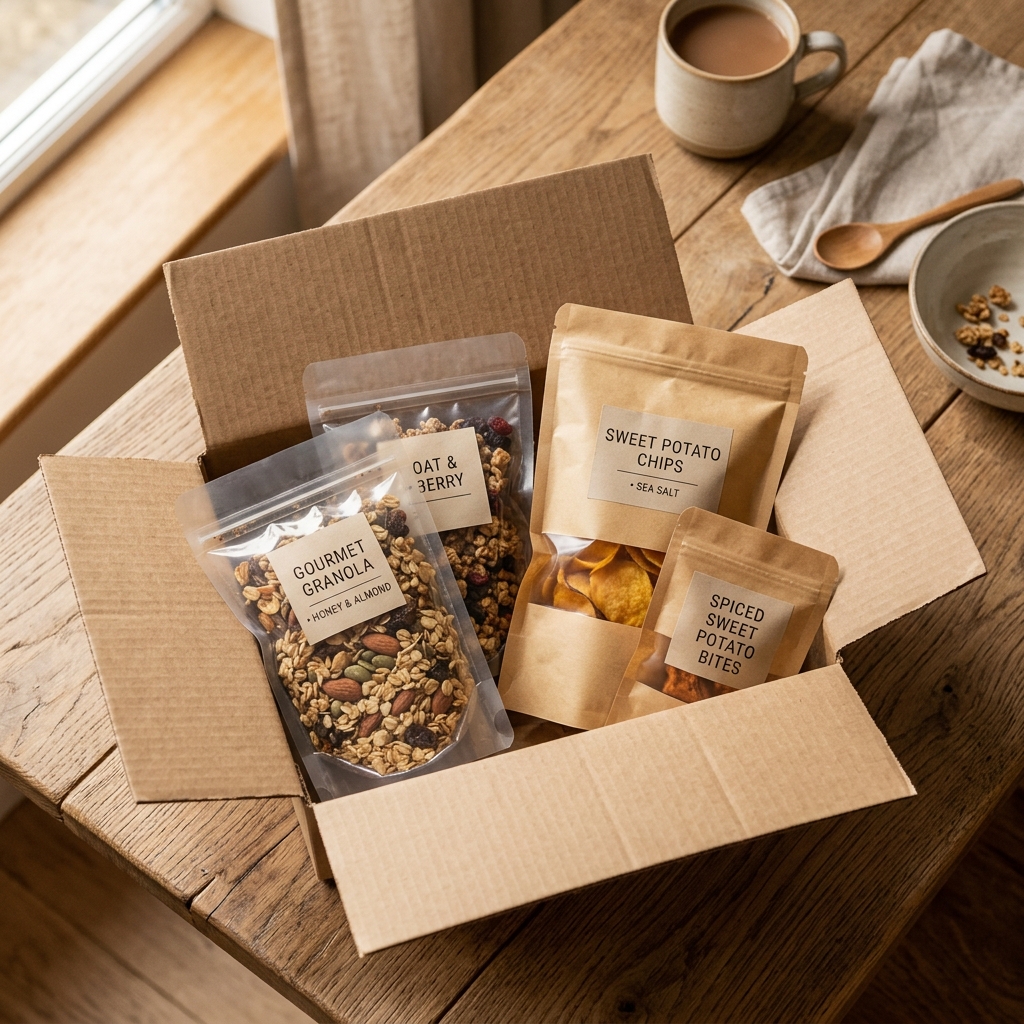 ネット通販で注文したお芋グラノーラがダンボール箱に入って届いたイメージ