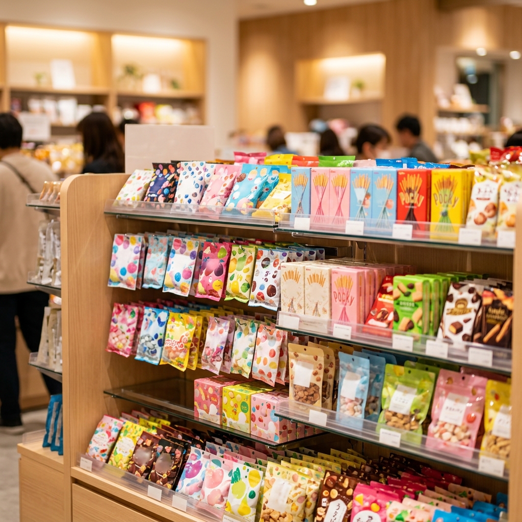 バラエティショップやドラッグストアのポップなお菓子売り場のイメージ
