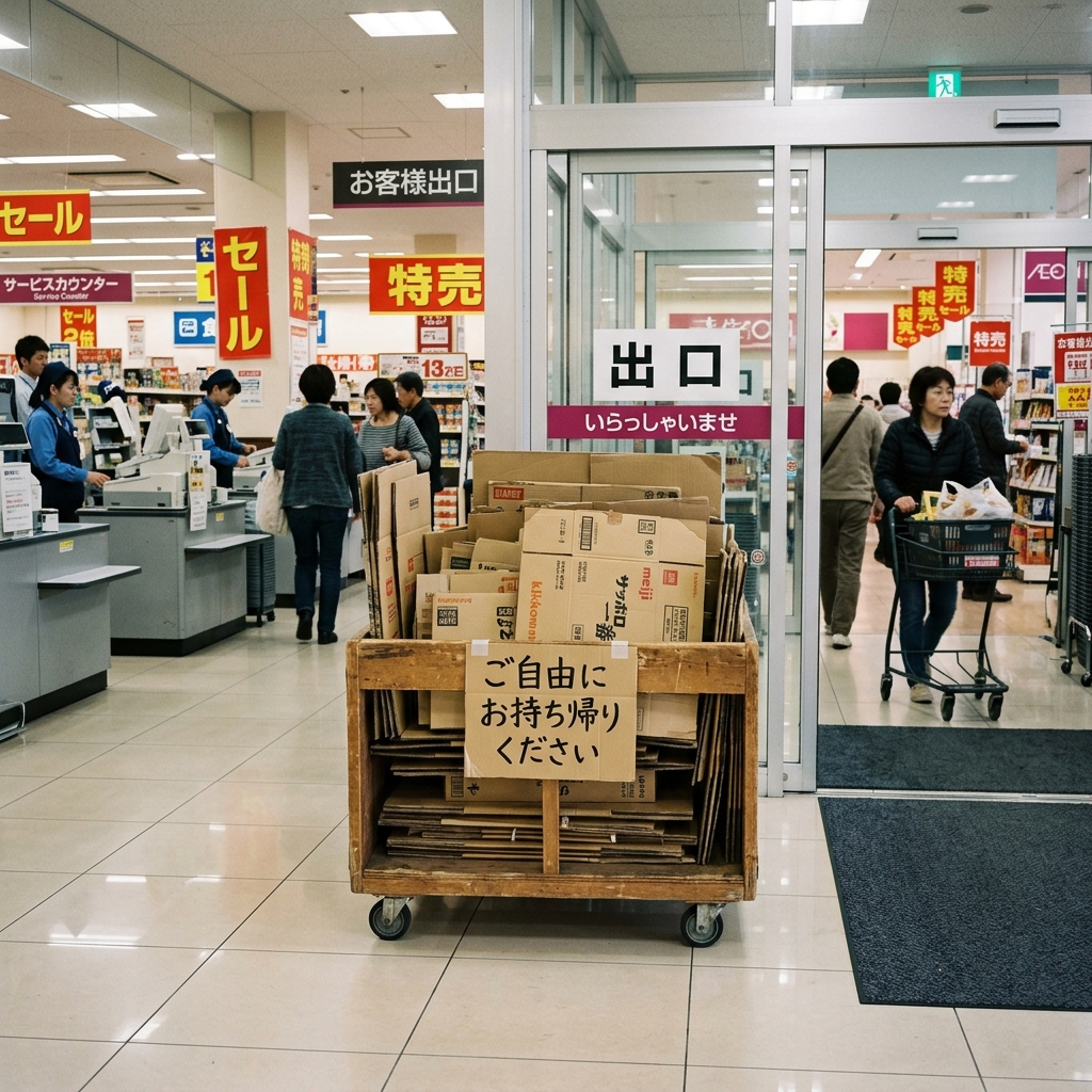 スーパーの出入口付近に設置されたご自由にお持ち帰りくださいと書かれた無料段ボール回収コーナーの様子