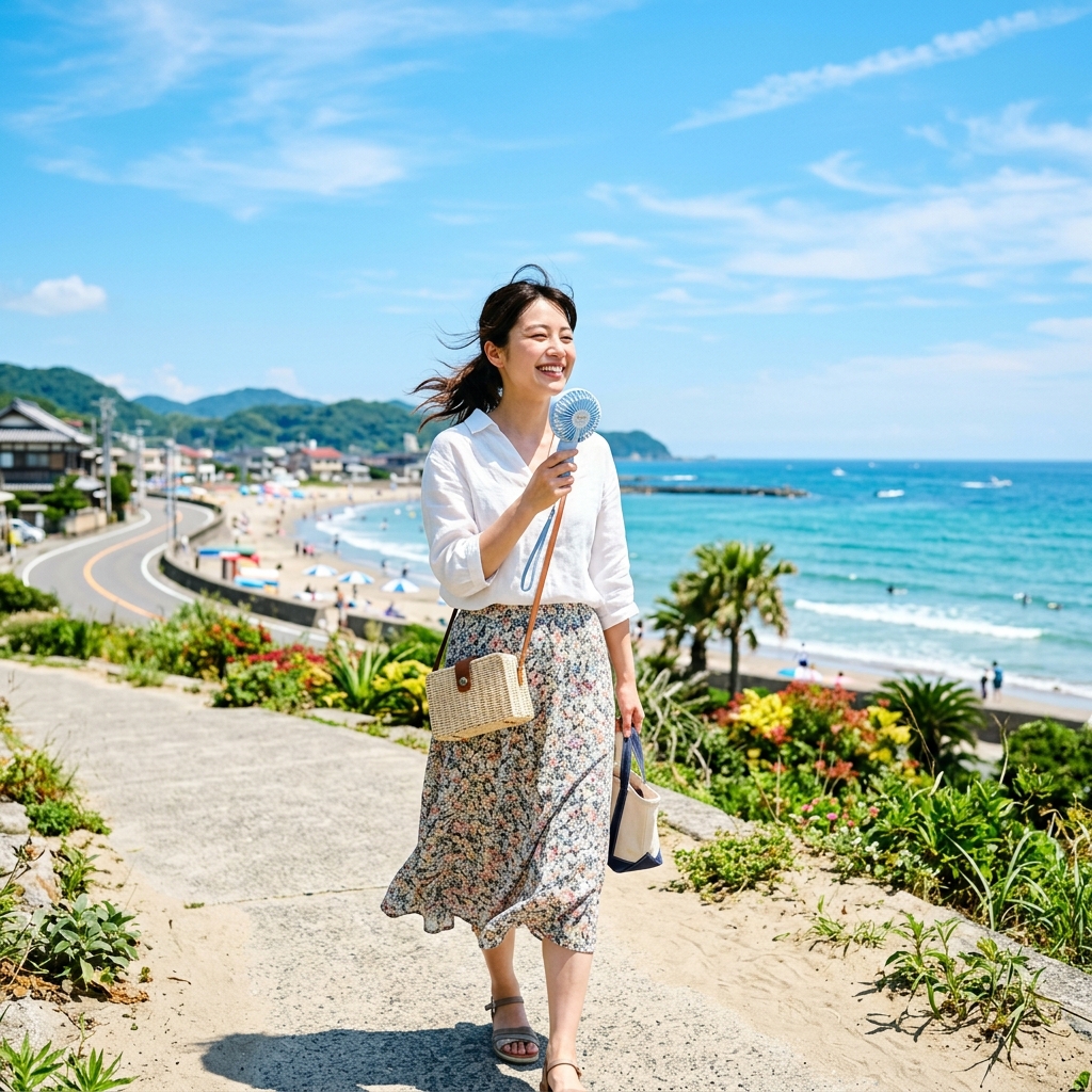 夏の青空の下でハンディファンを手に持って楽しそうに笑顔で歩いているアジアンな女性のイラスト