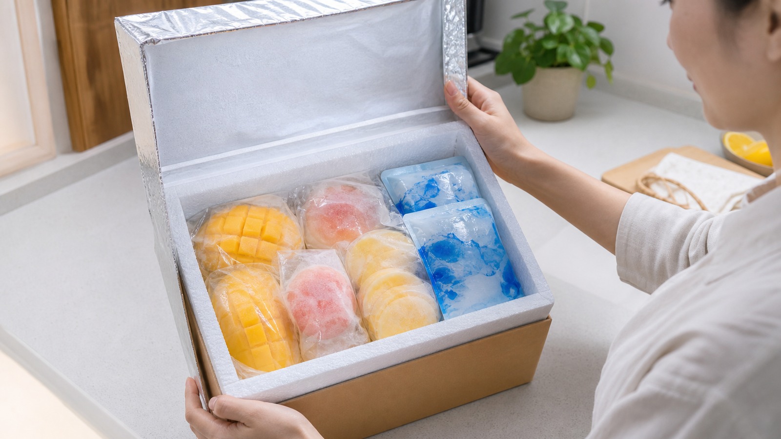 冷凍便で届いた果物型アイスの箱と保冷梱包を確認している様子