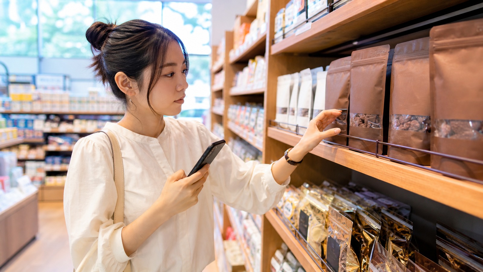 輸入菓子店の棚を見ながらスマートフォンでbrunoクリスピーブラウニーの在庫を確認する日本人女性