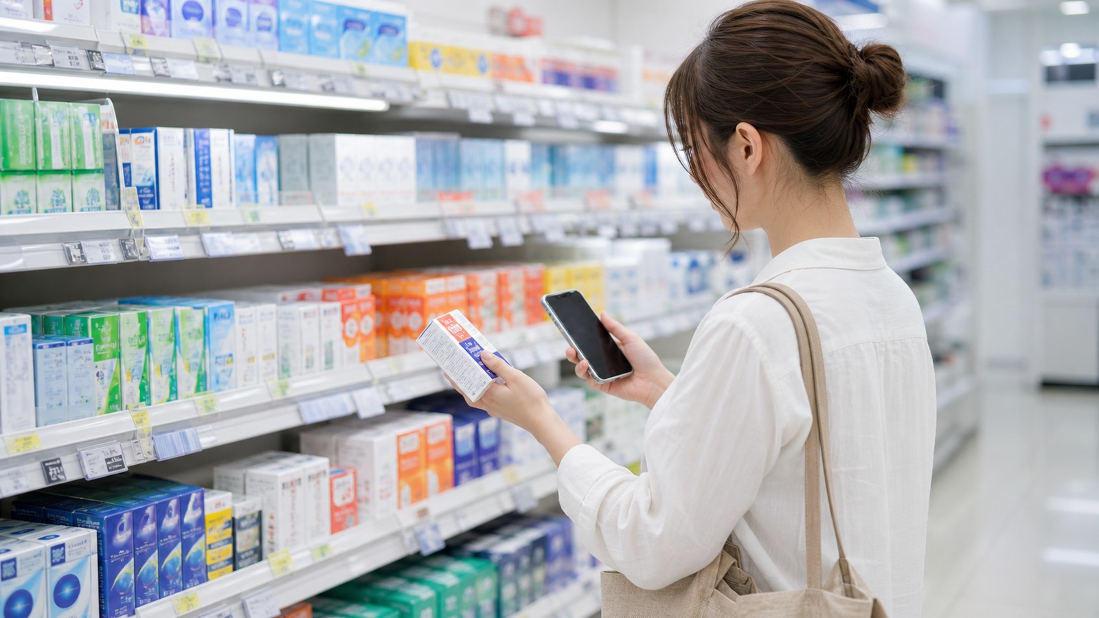 ドラッグストアの目薬売り場で商品棚を確認している買い物客のイメージ