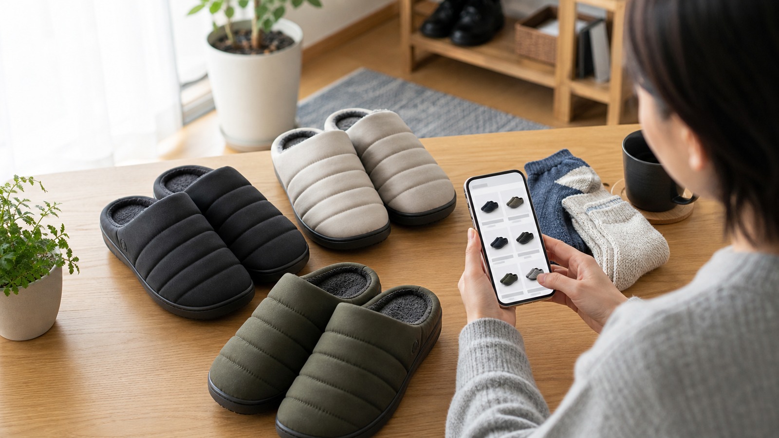 スマホでSUBU公式オンラインストアを確認しながら冬用サンダルの色を比較している様子