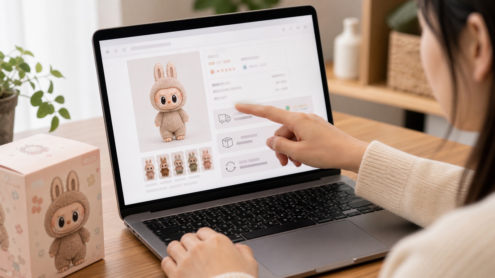 キャラクターグッズ通販の検索画面を見ながら、在庫ありと予約受付中を見比べている手元イメージ