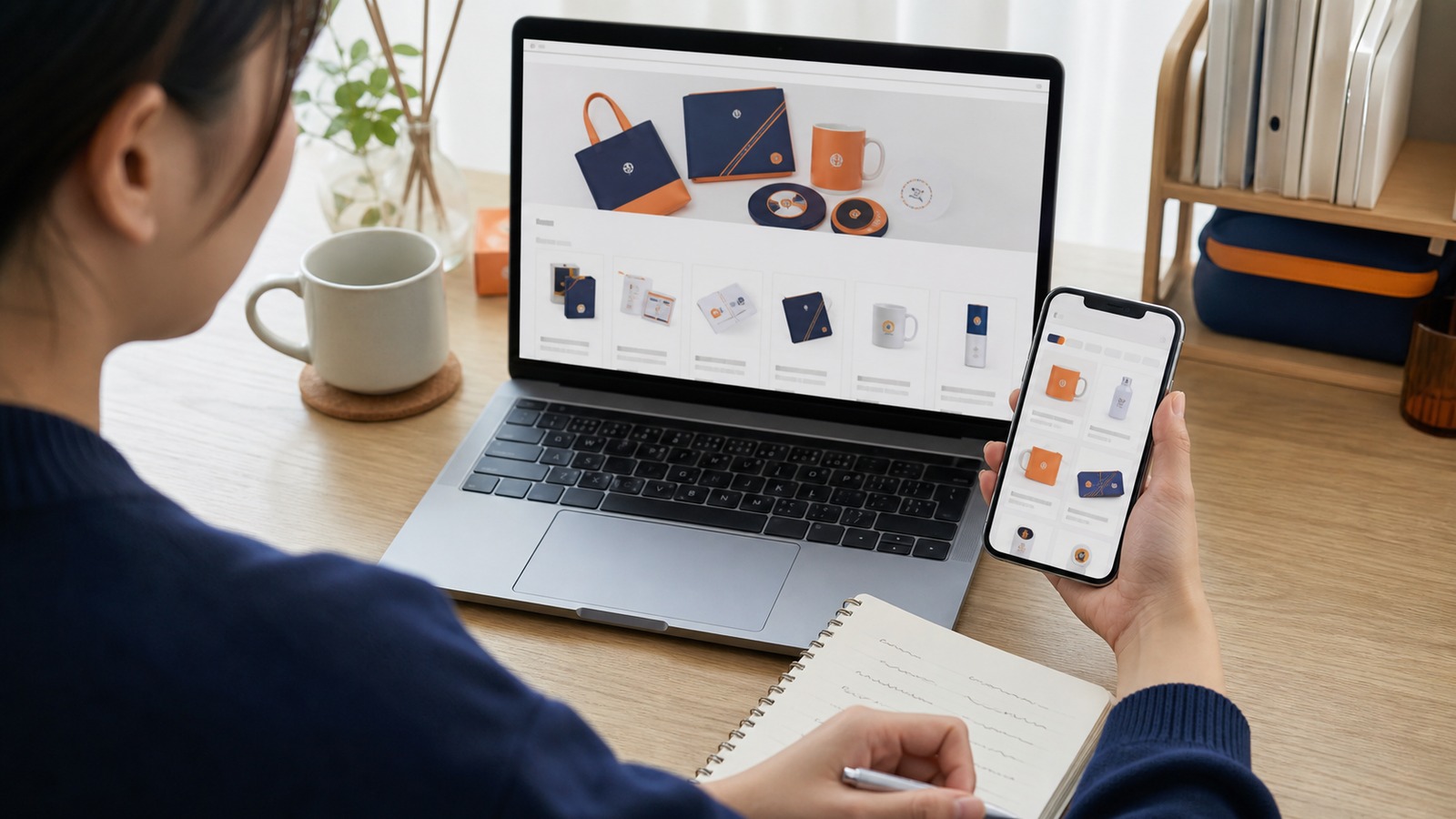 通販でキャラクター雑貨を購入する前に、価格、送料、発送日、ショップ評価をチェックしているノートとスマホ