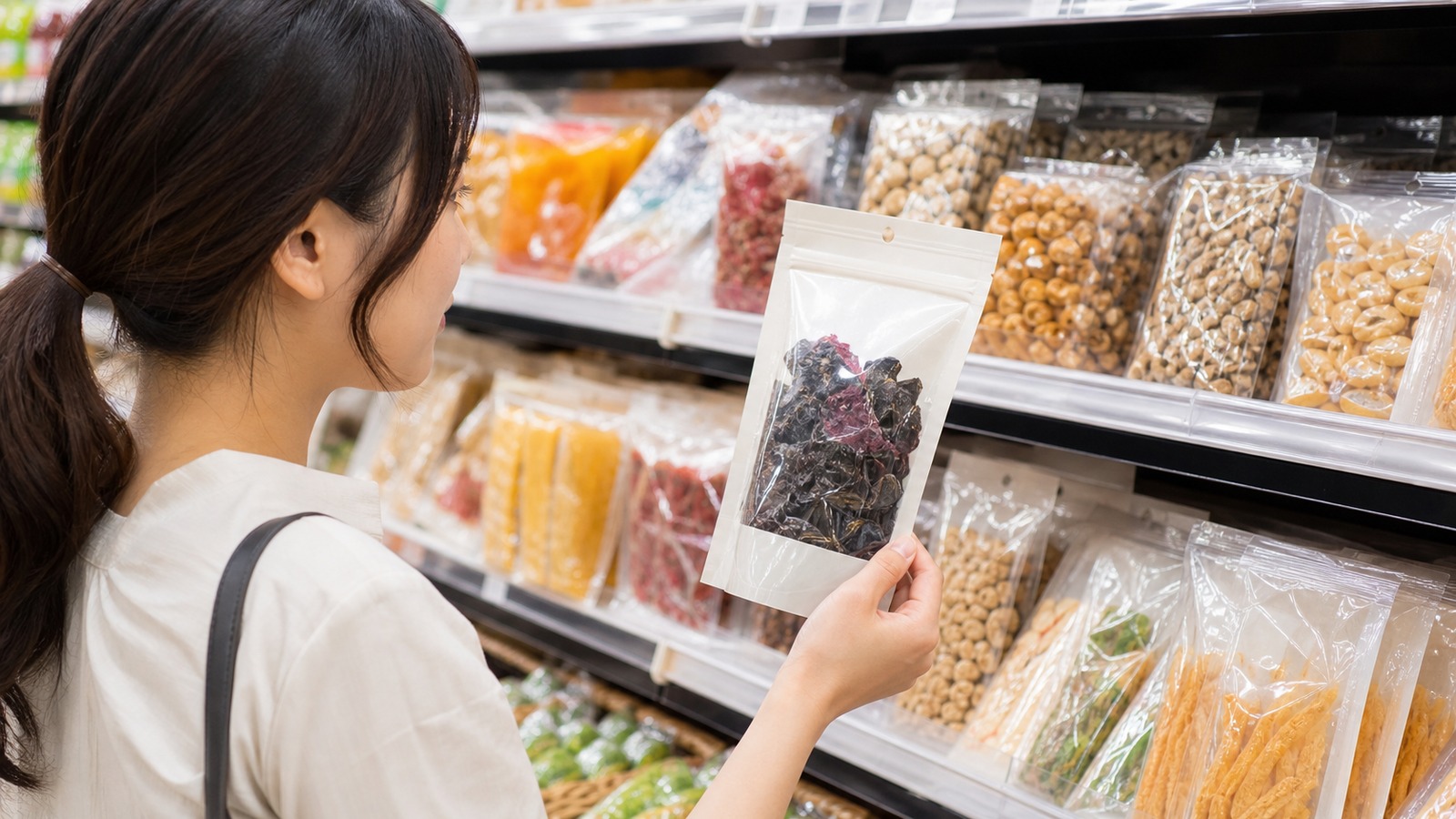 きになるきくらげ梅しそ味を探すためにスーパーのお菓子売り場を確認しているイメージ