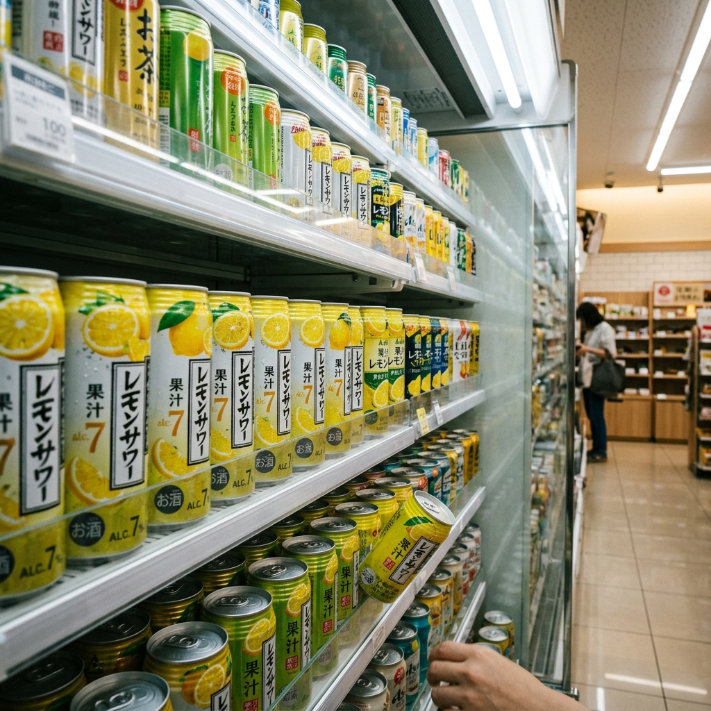 主要なコンビニの店頭でお酒コーナーの棚に並んでいる未来のレモンサワーのイラスト