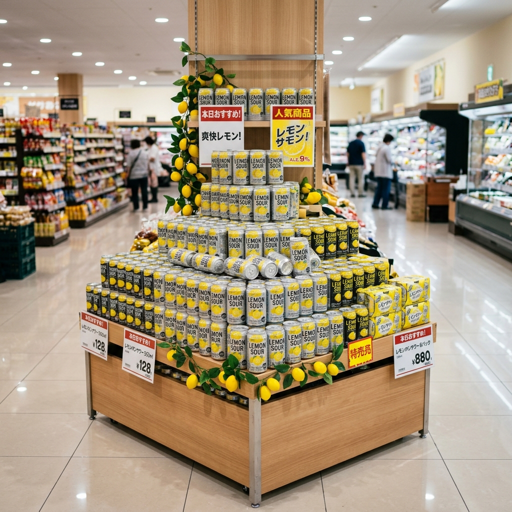 大手スーパーマーケットの特設お酒売り場で山積みになっている未来のレモンサワーのイラスト
