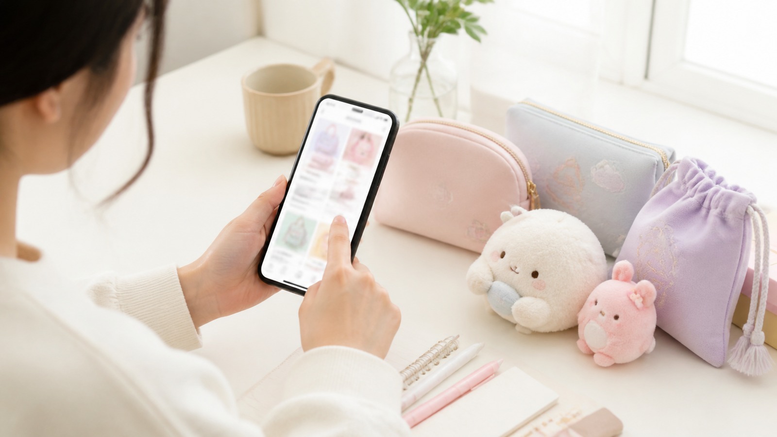 スマートフォンでサンリオ公式通販のキャラクターグッズを検索しているイメージ