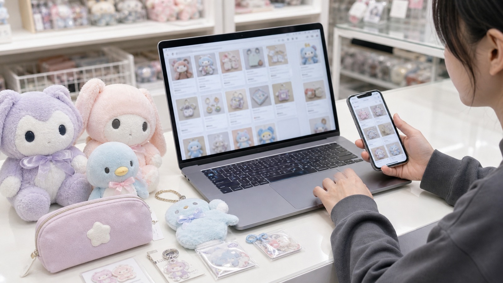 中古通販の商品一覧でちいかわとサンリオのコラボグッズを比較しているイメージ