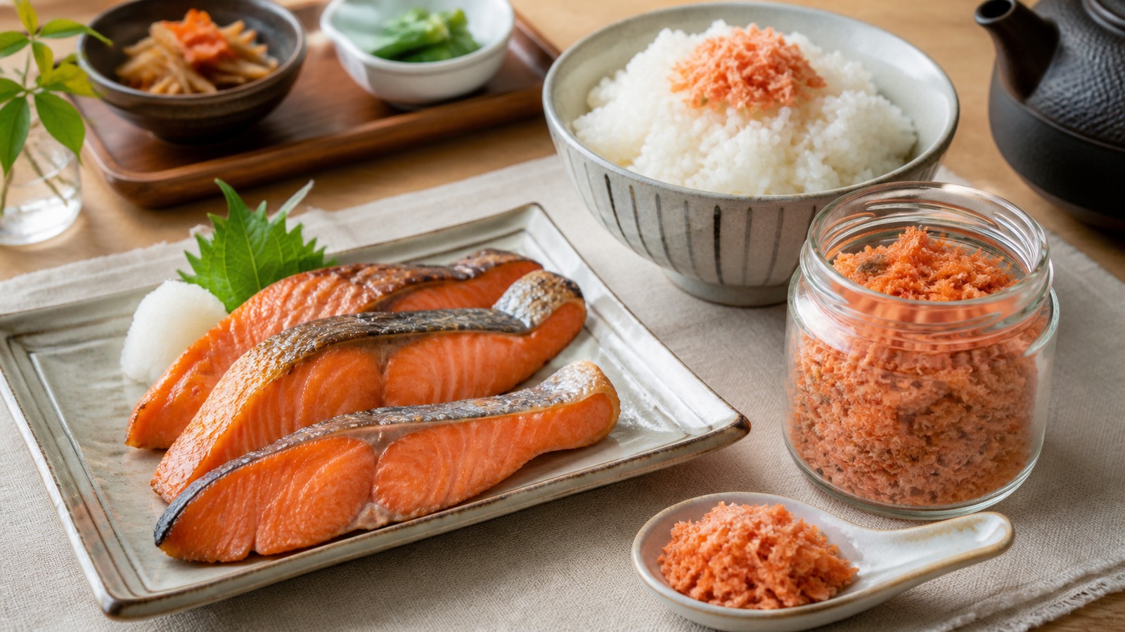 切り身のぼだっこと瓶入り鮭フレークを並べて形や用途を比較する食卓、文字なしの横長イメージ