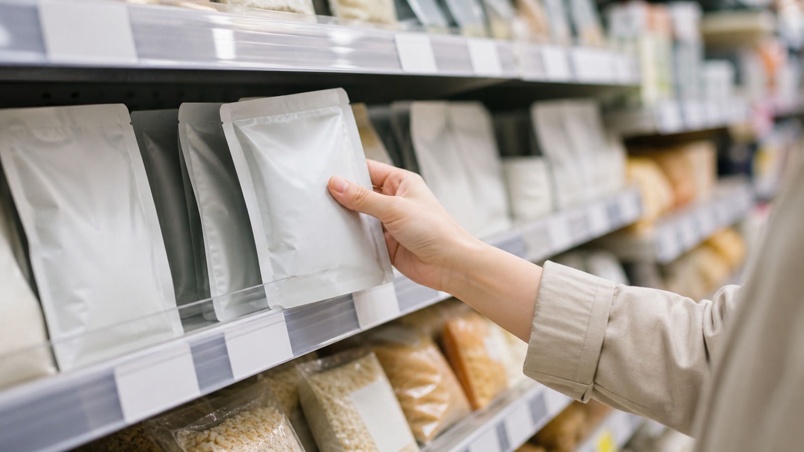 ドラッグストアや食品売場でレトルトパウチのごはんバーを探している場面、文字やロゴのない横長イメージ