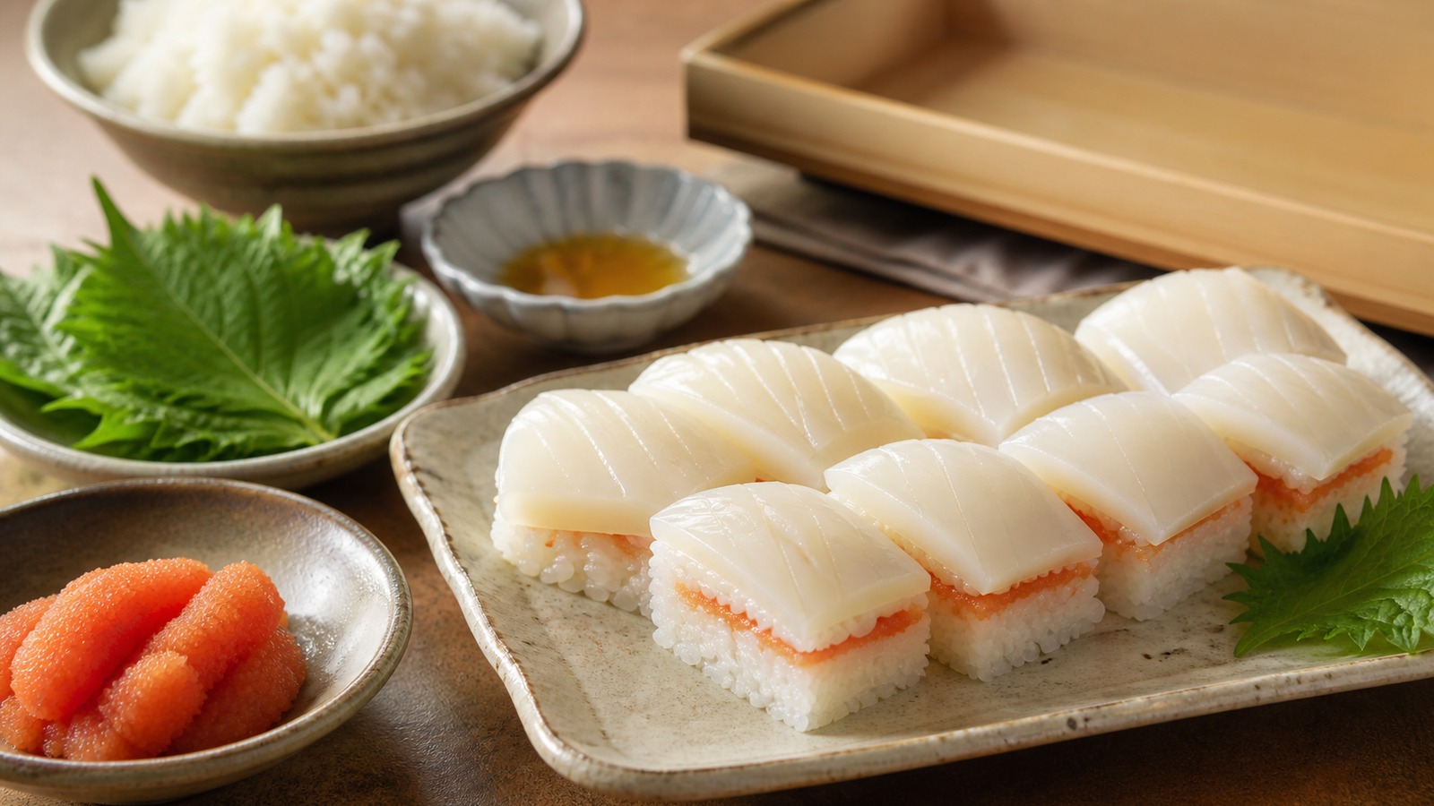 いか、明太子、大葉、酢飯を使った押し寿司を和食の食卓で見せる文字なしの横長イメージ