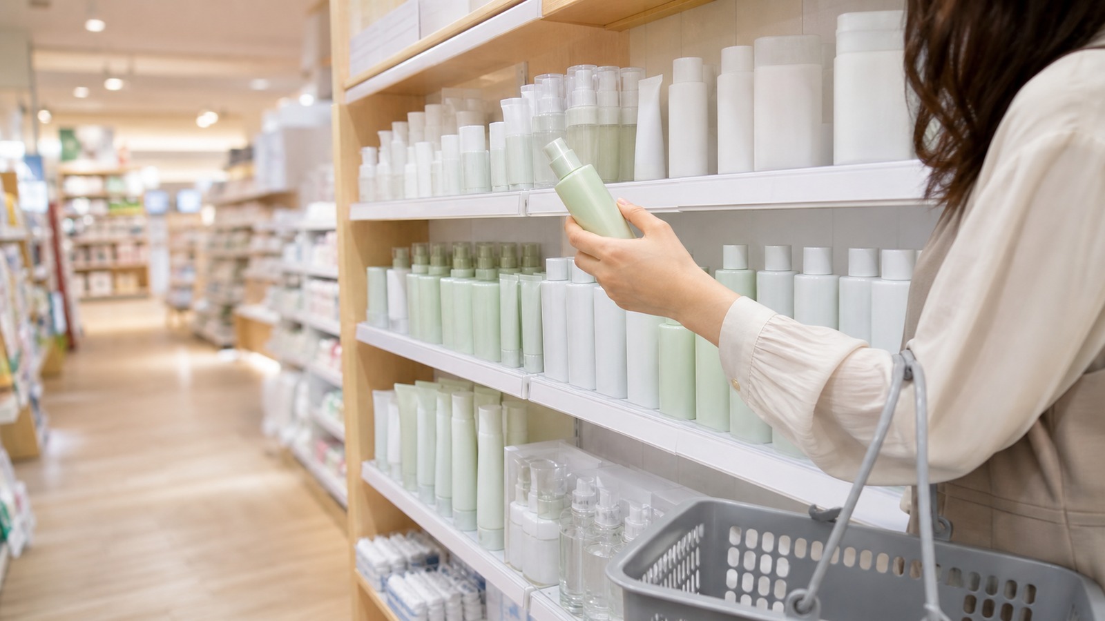 日本の大型バラエティショップのスキンケア売り場で、買い物客が美容液の棚を確認している横長の実用イメージ、商品名やロゴなどの文字なし