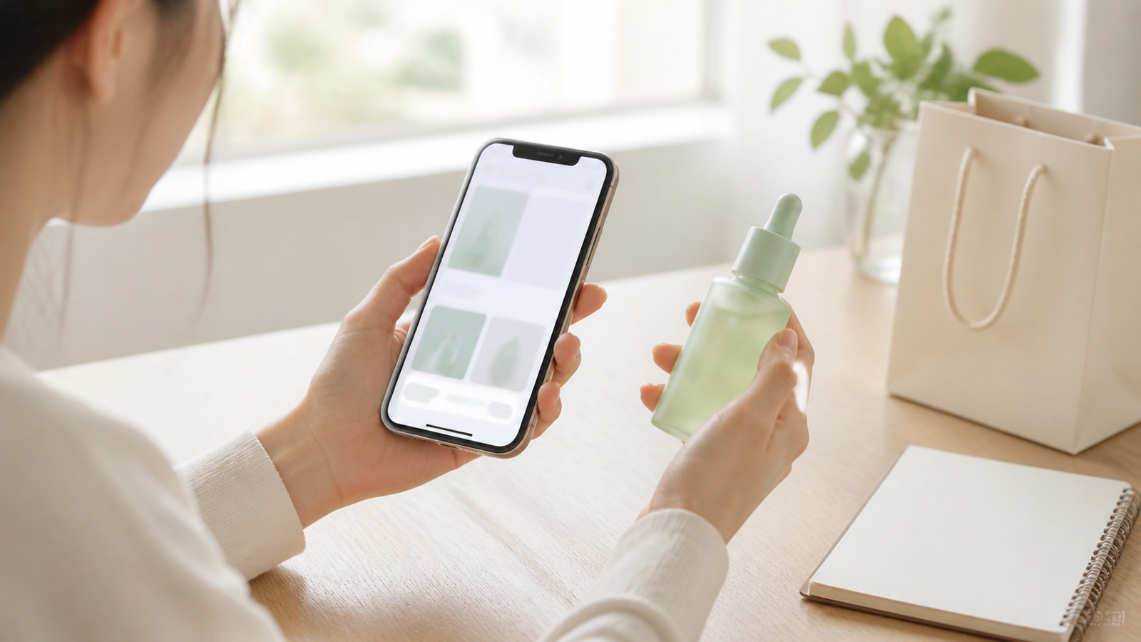 スマートフォンでKATANダーマヒットセラムの通販在庫と店舗受け取り情報を確認している手元、横長の生活シーン、画面内の文字は入れない