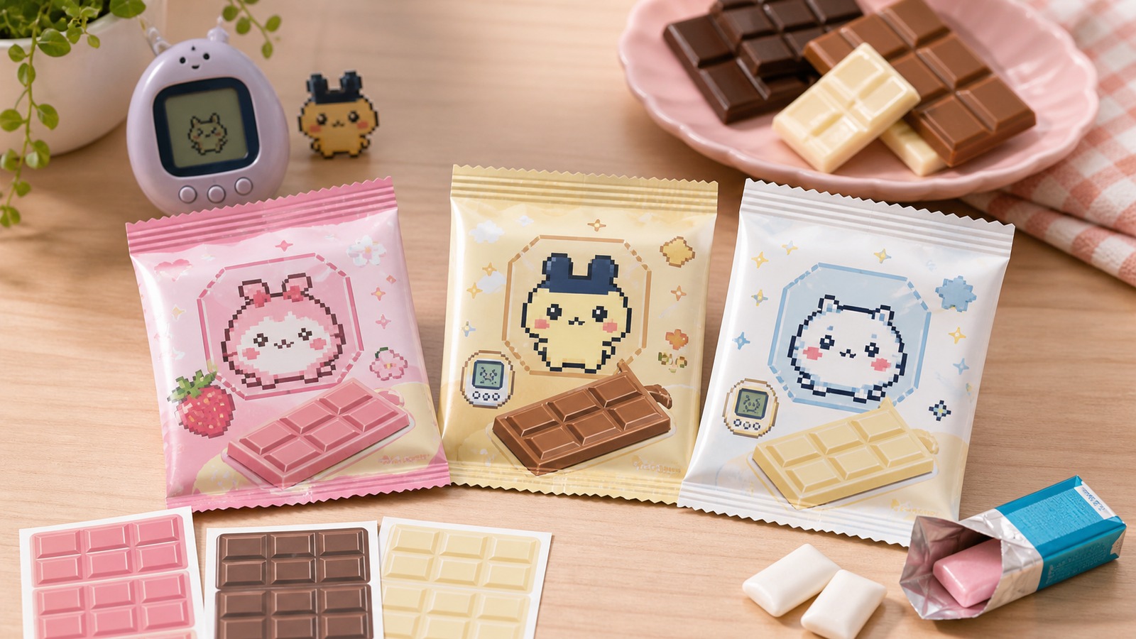 板チョコのような見た目のカラフルなシール商品とガム入り玩具菓子を並べた商品イメージ、文字やロゴなし