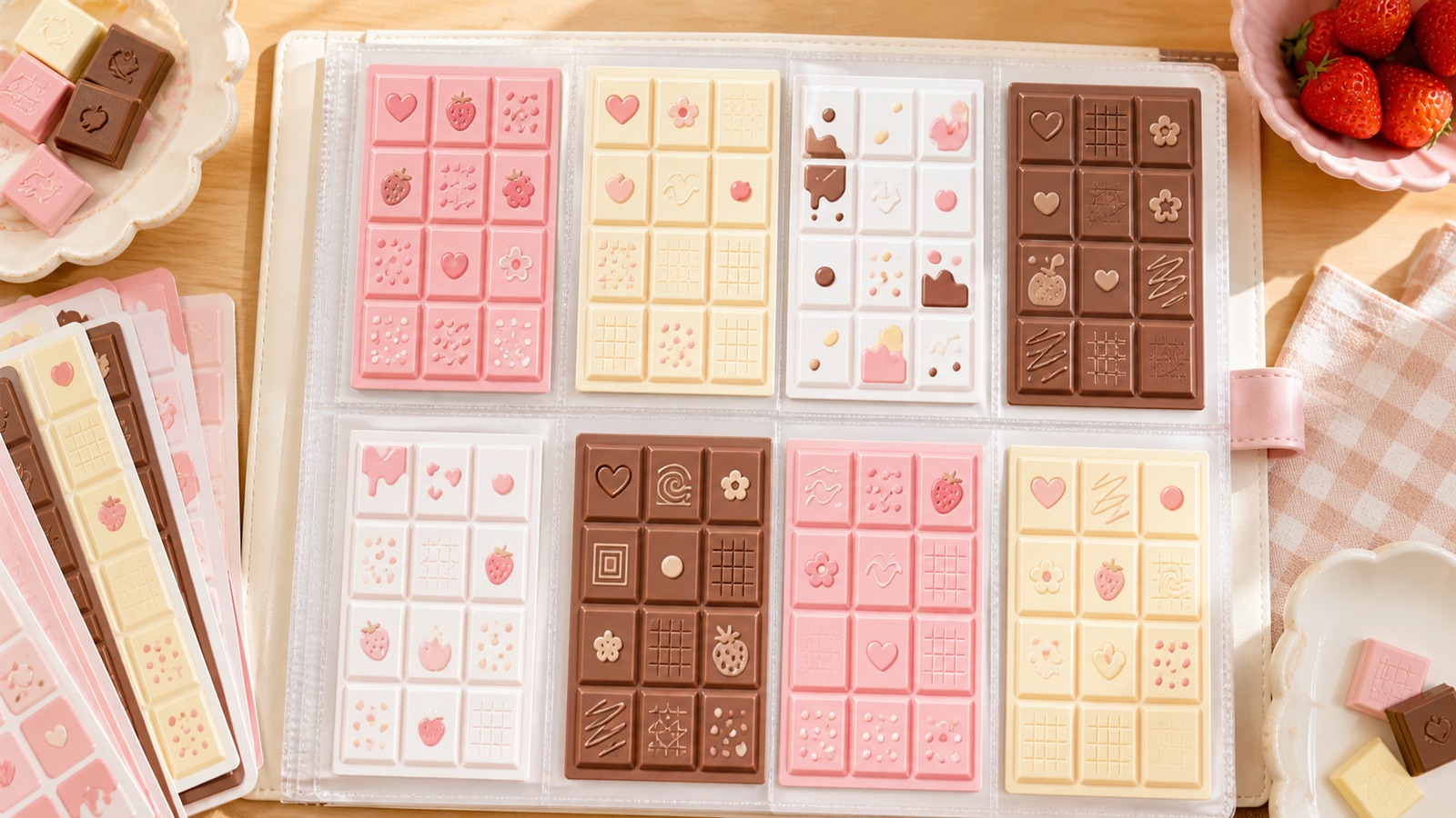 いちご・ミルク・ホワイトチョコ風の3色をイメージした無地のシールシートをノートに整理するコレクション風景、文字やロゴなし