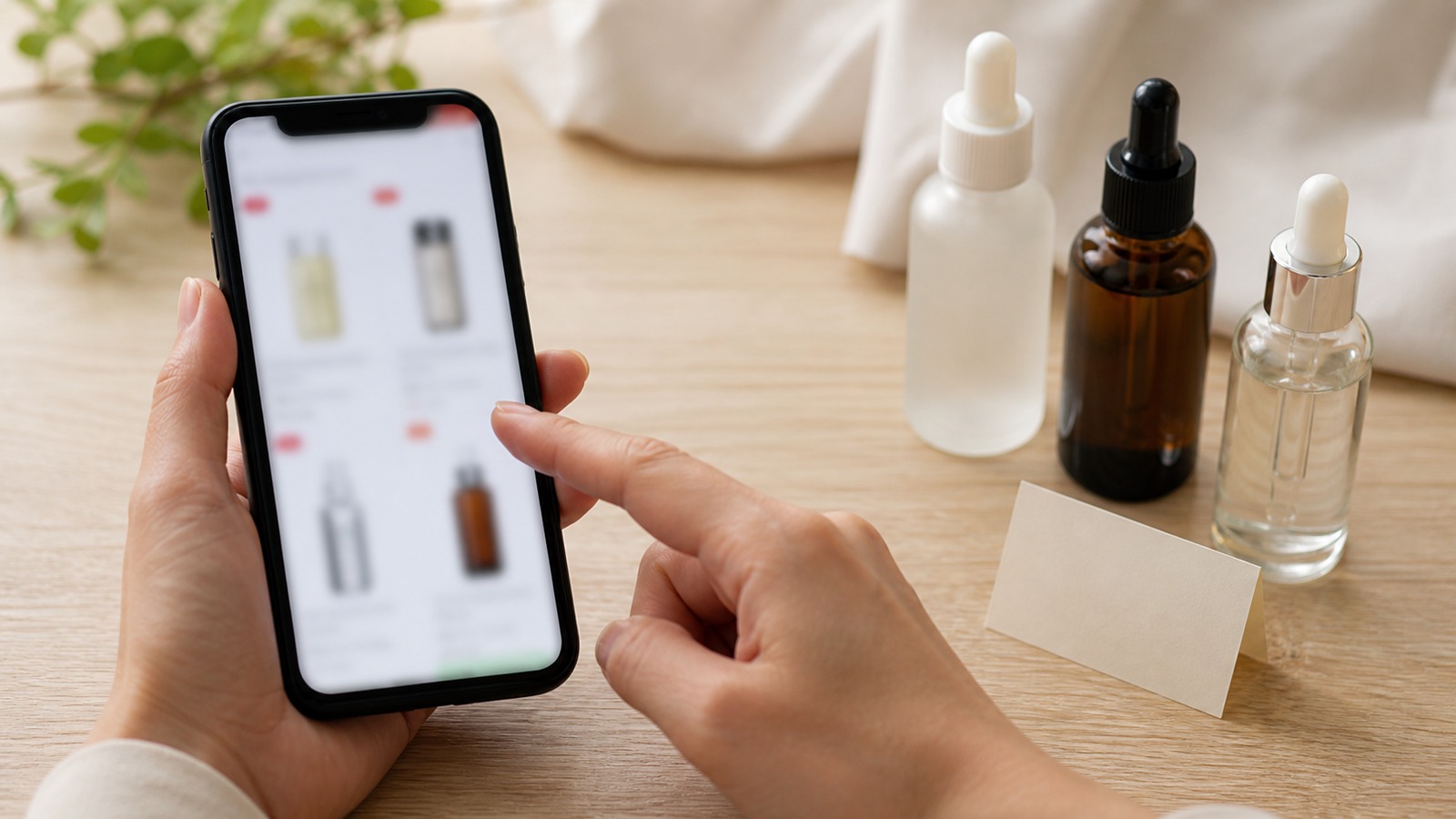 通常購入と定期購入の価格をスマートフォンで比較し、無地の美容液ボトルと送料メモを置いたイメージ、読める文字やロゴなし