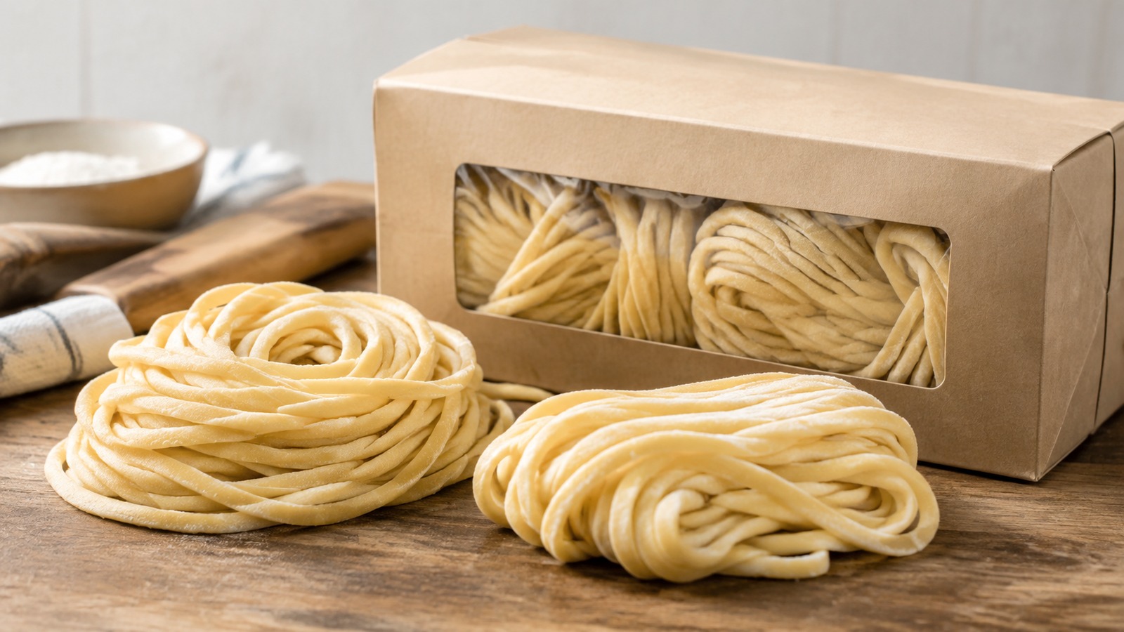 カラヒグ麺をイメージした未包装の生タイプ太麺とシンプルな食品パッケージを木目のテーブルに置いた横長写真、文字やロゴのない構図