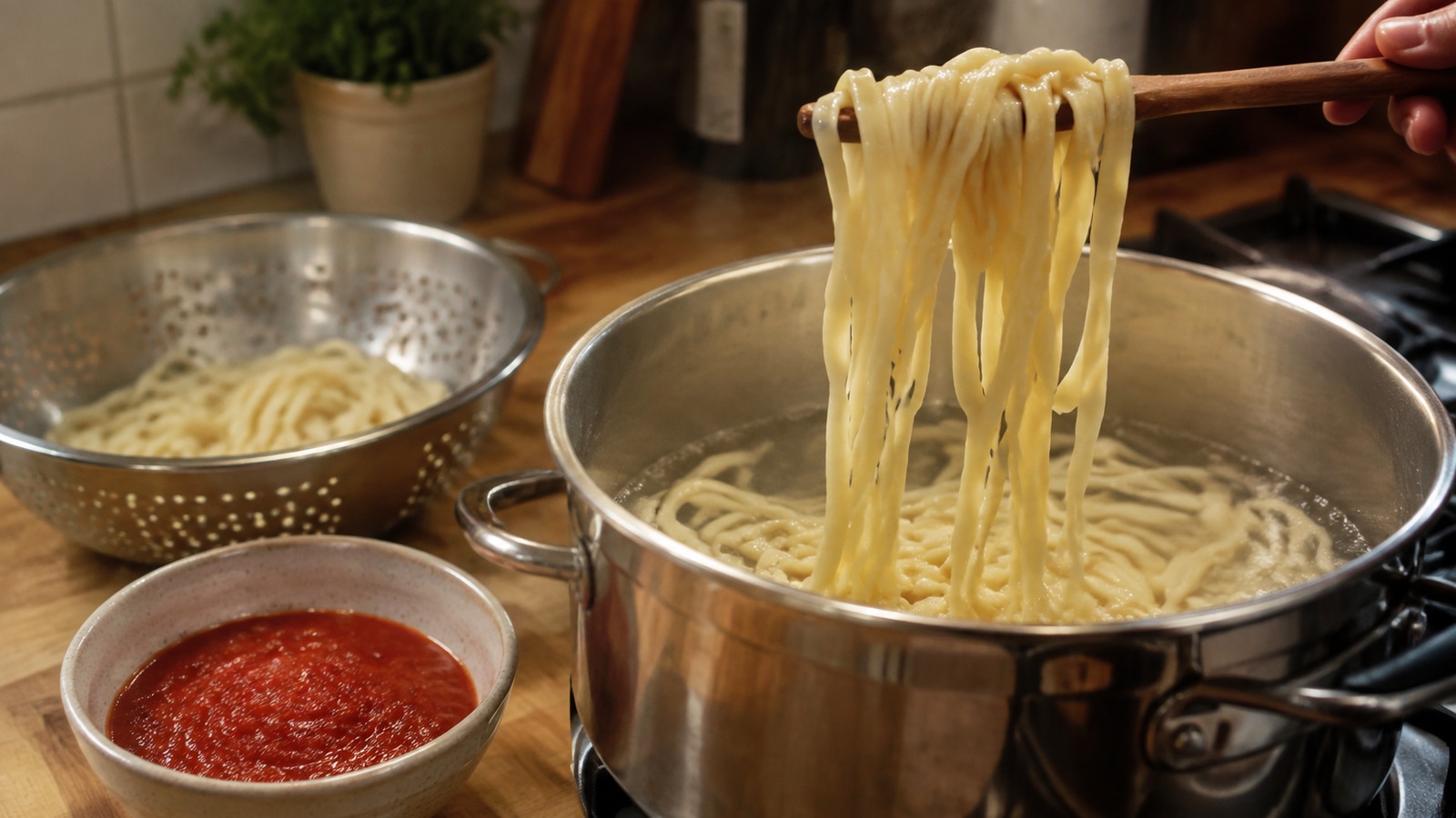 鍋で太い生パスタをゆで、隣にざるとソースを用意した家庭のキッチン風景、商品ロゴや画面内の文字がない横長写真