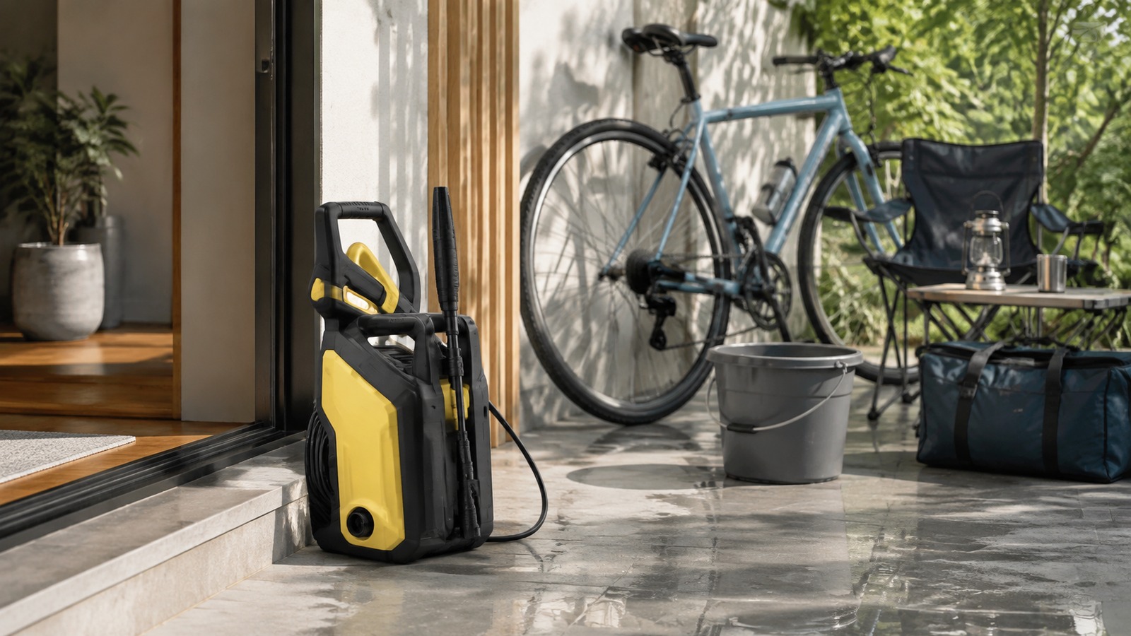 折りたたみ式のケルヒャー ハンディエアをアウトドア用品や自転車のそばに置いた横長の商品使用イメージ、手のひらサイズと携帯性が伝わる構図