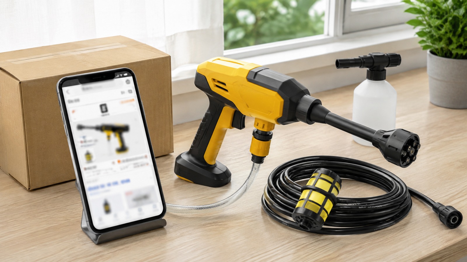 スマートフォンでケルヒャー ハンディエアの通販商品ページを見ながら販売元、型番、送料、在庫表示を確認する横長の購入イメージ