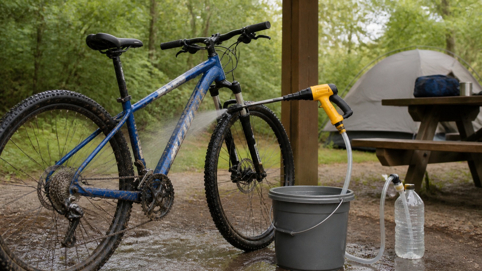 バケツとペットボトルから給水するケルヒャー ハンディエアで自転車の泥汚れを洗い流している横長の実用イメージ、4 in 1ノズルが見える構図