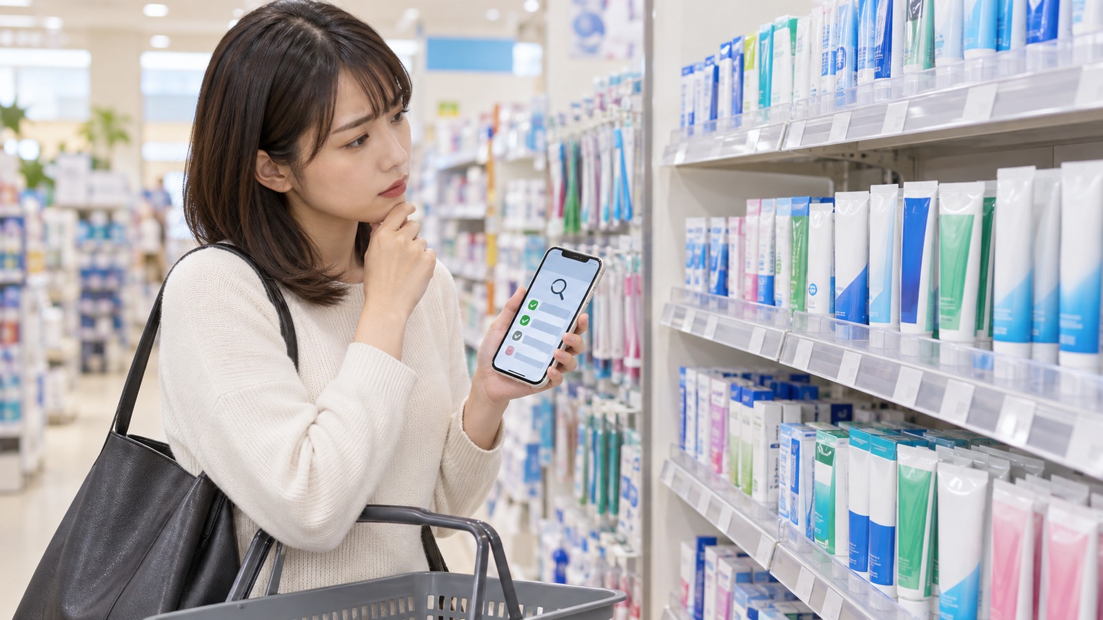 ドラッグストアの歯みがき売り場とオンライン在庫を見比べるシステマ SP-T ジェル探索イメージ